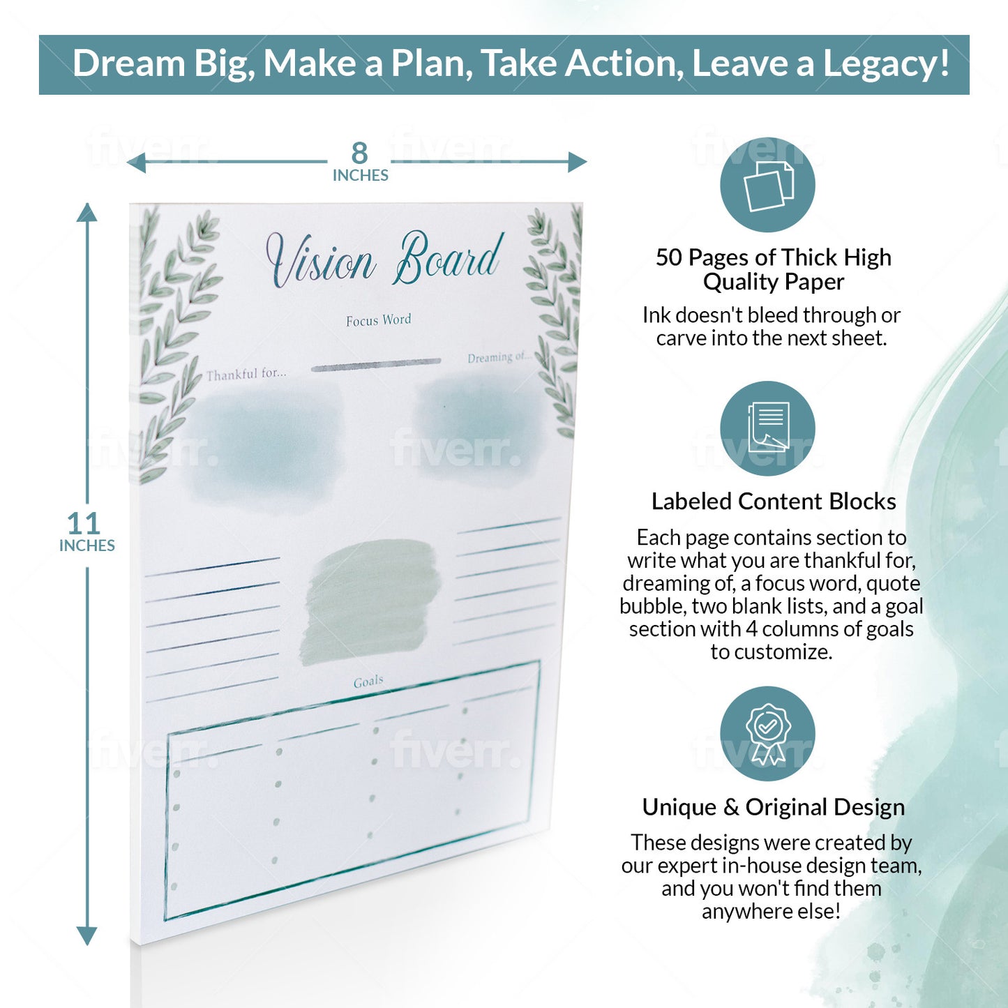 Vision Board Notepad with Goal Planner | 8.5 X 11 Inches | 50 Thick Pages
